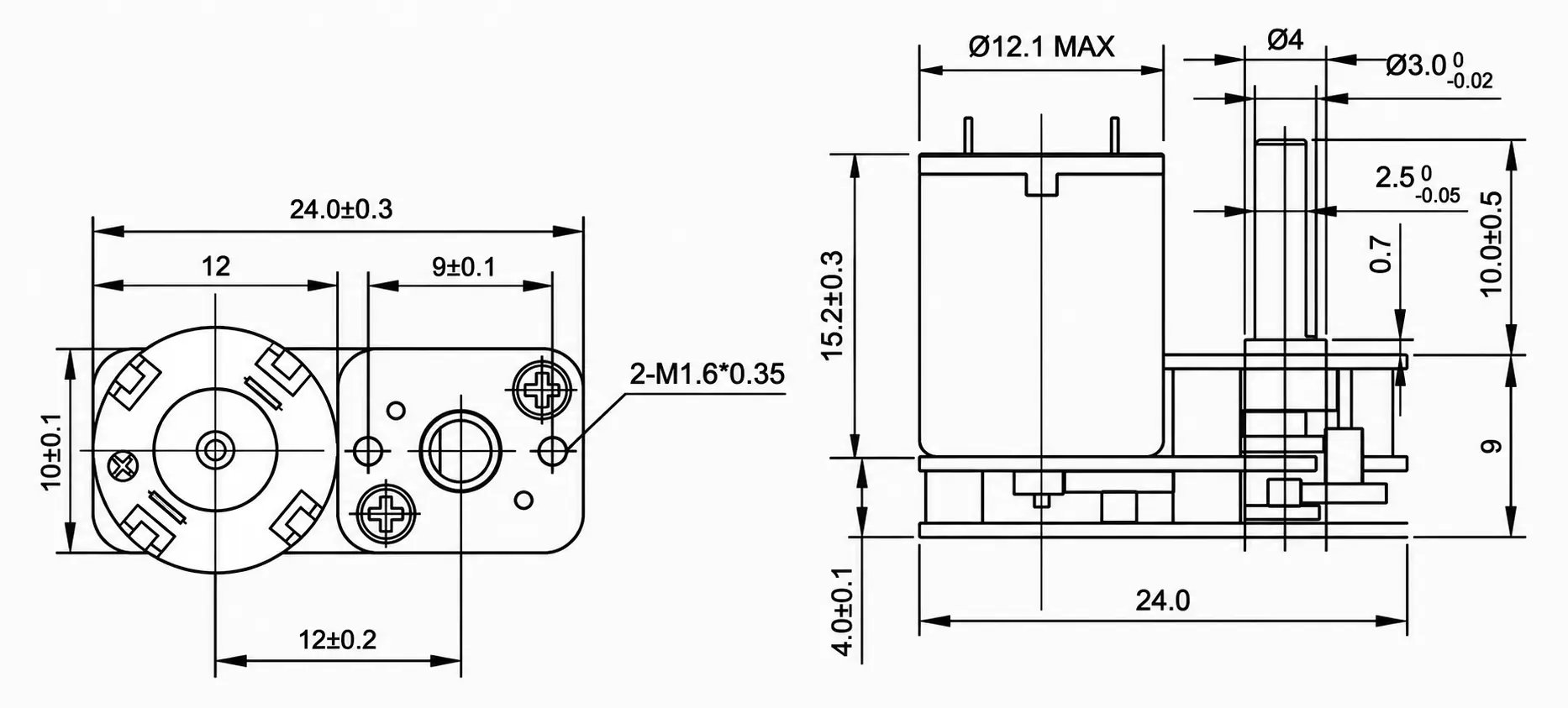 Technical engineering drawing and dimensions for parallel shaft DC gear motor TSL-GM1024-C1215R