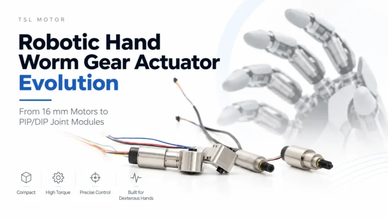 Robotic hand worm gear actuator evolution with compact TSL MOTOR actuator modules for PIP and DIP joints