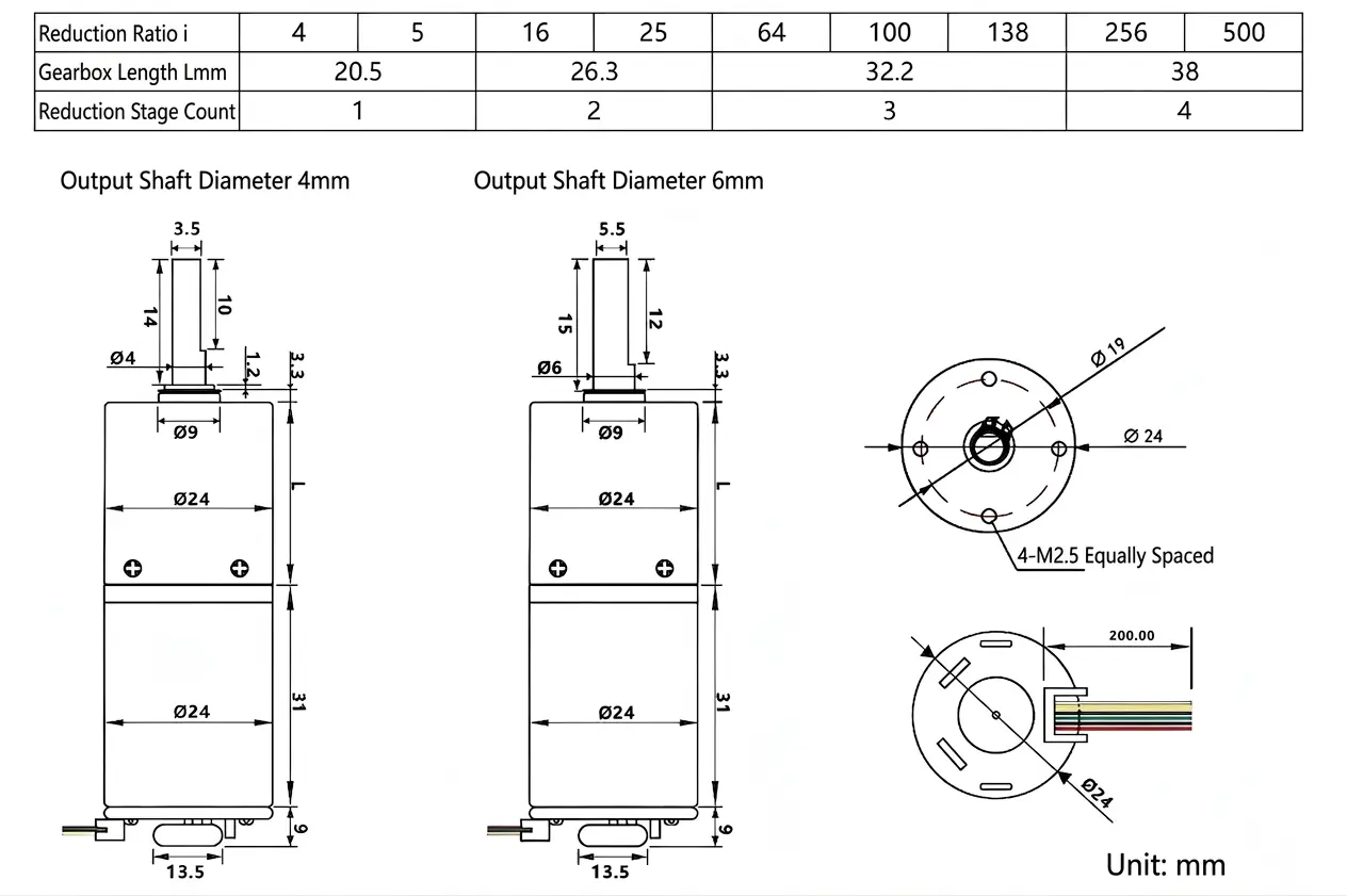 Technical mechanical drawing and dimension chart for TSL-24GAY-370-EN DC motor with gearbox and encoder