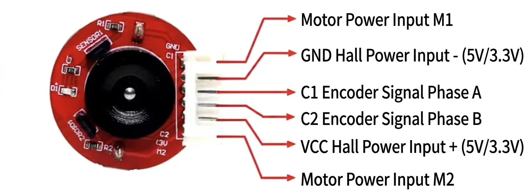 Wiring pinout diagram for TSL-24GAY-370-EN DC motor encoder showing M1, M2, VCC, GND, C1, and C2.