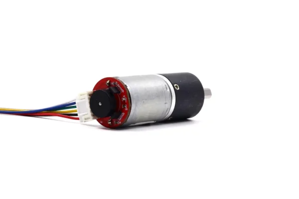 Rear view of TSL-24GAY-370-EN DC motor showing red magnetic Hall encoder PCB and wiring connector