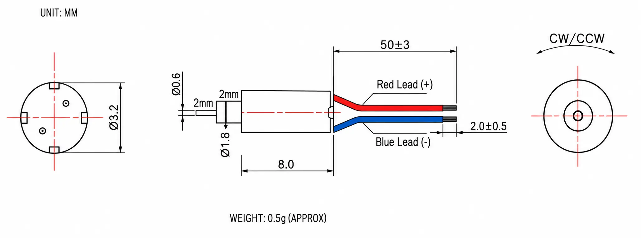 Technical dimensional drawing of TSL-CL03208 3mm coreless DC motor with mm specifications