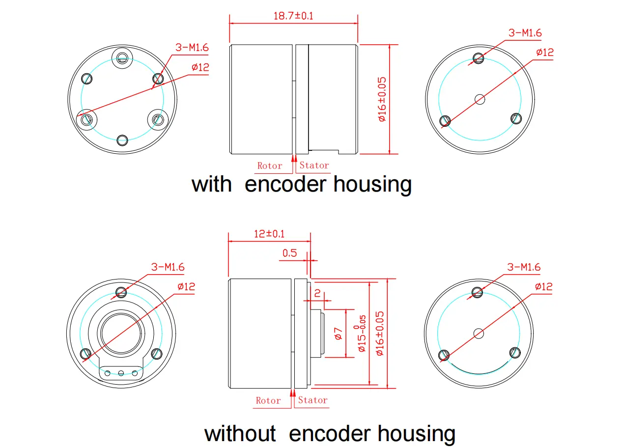 Mechanical engineering drawing of TSL-GB1105 BLDC gimbal motor with and without encoder housing