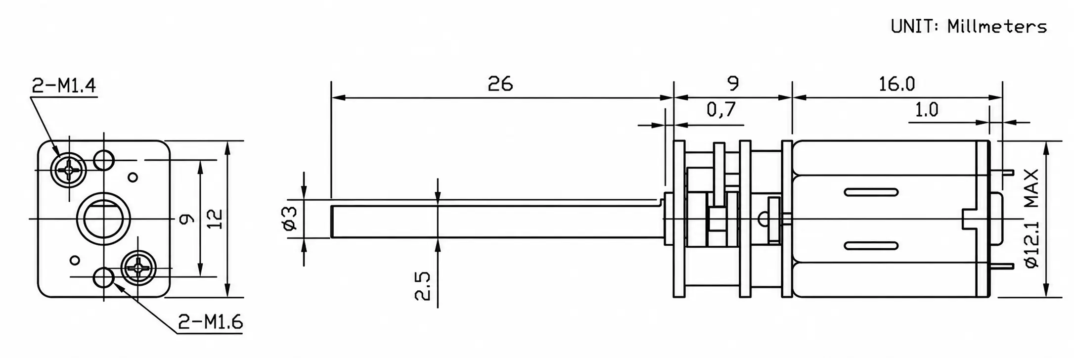 2D mechanical technical drawing with dimensions of TSL-GM12-N20VA-26D long shaft N20 gear motor