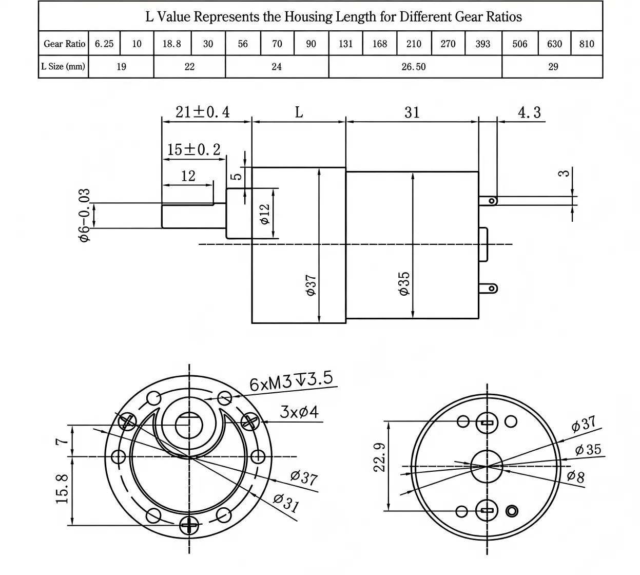 2D technical CAD drawing and shaft dimensions table for TSL-JGB37-3530 metal gear DC motor