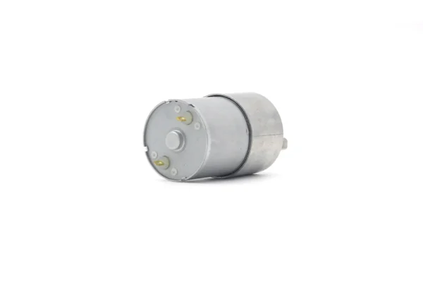 Rear isometric view of TSL-JGB37-3530 small DC geared motor with rear housing and terminal pins