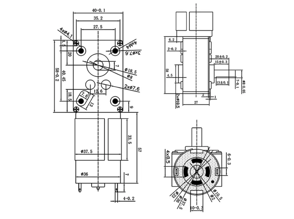 Technical dimension drawing for TSL-JGY5840-555 right angle worm drive motor