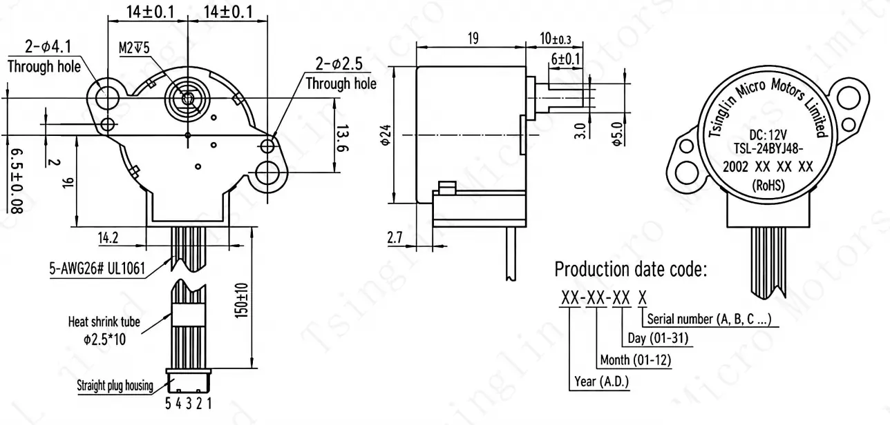 Technical dimensional drawing for 12v geared stepper motor TSL-24BYJ48-2002