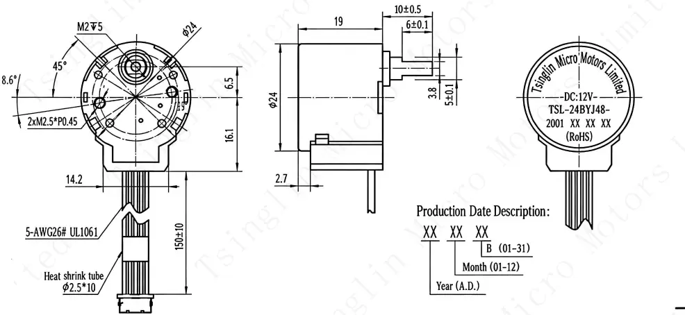 Engineering technical drawing and dimensions of 24BYJ48 12V stepper motor