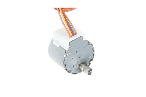 24BYJ48 12V Stepper Motor - Angled View Angled view of 24BYJ48 12V micro stepper motor with lead wires and gear body