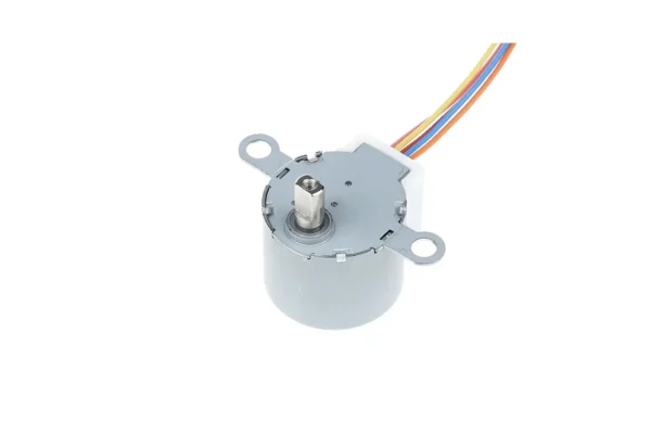 Front angle view of the 24byj48 12V DC motor showing its output shaft and multi-color wiring harness