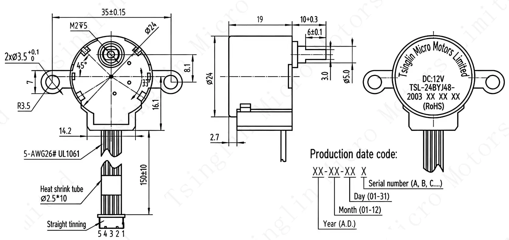 Mechanical dimension outline drawing and technical specifications for the 24byj48 12V DC motor