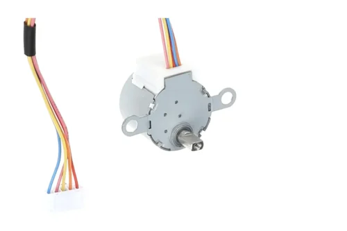 Front angle view of the 24byj48 12V DC motor showing its output shaft and multi-color wiring harness