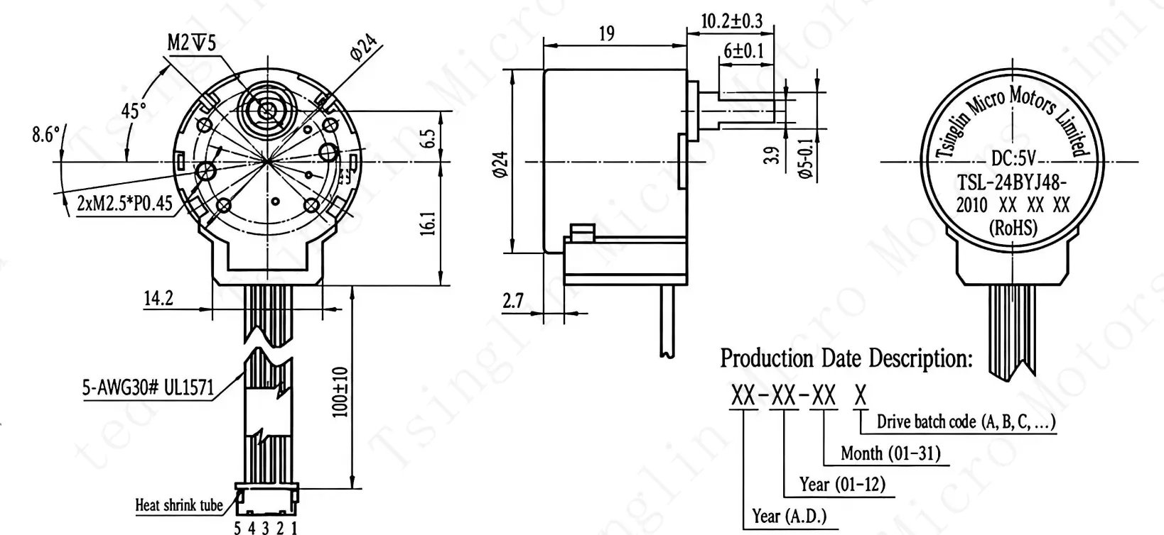 24BYJ48 5V DC stepper motor engineering schematic drawing with mechanical dimensions, shaft specs, and wire length