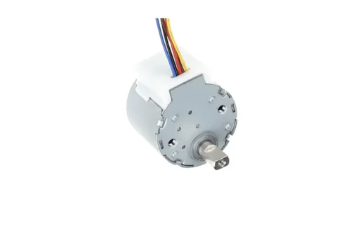 24BYJ48 5V DC Stepper Motor - Output Shaft Detail Front angled view of 24BYJ48 5V DC gear stepper motor detailing the D-shaped output shaft and mounting holes