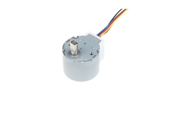 24BYJ48 5V DC stepper motor isometric view showing D-cut shaft, metal gear housing, and 5-wire harness
