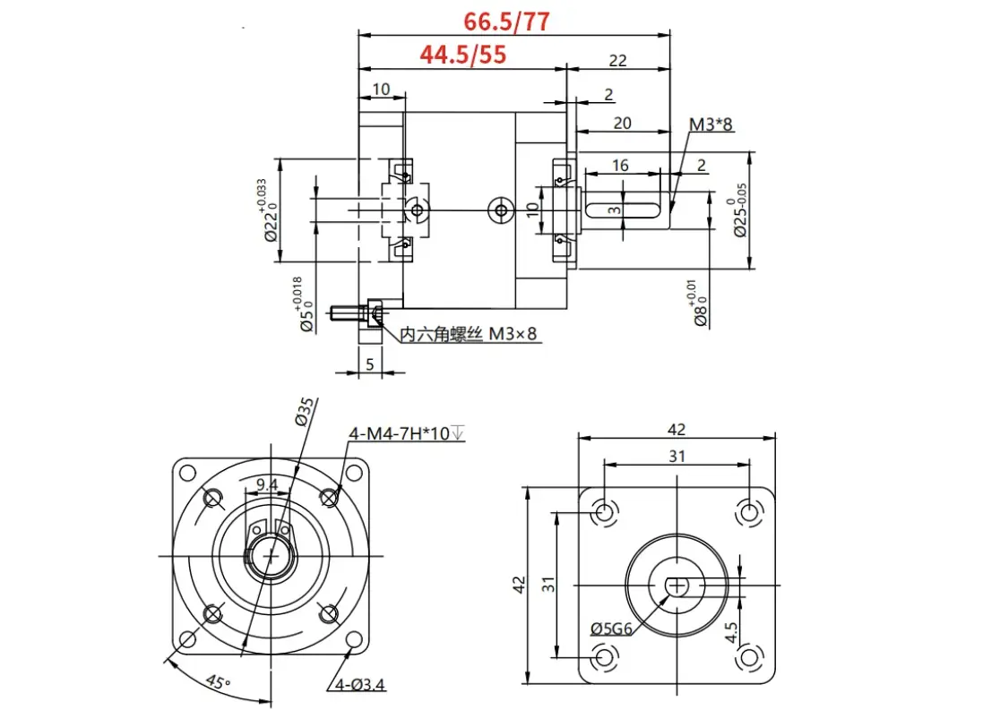 Technical dimensional drawing and engineering schematic for 42mm low backlash planetary gearbox TSL-42PXG