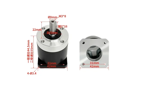 Dimensions and keyway shaft specifications of 42mm high precision low backlash planetary gearbox