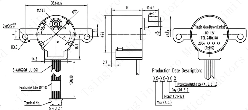 Engineering outline dimension drawing and technical specifications for TSL-24BYJ48-2004 PM geared stepper motor