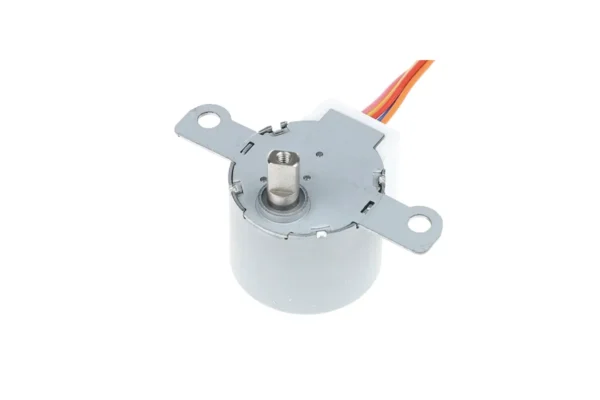 Ø24mm PM Geared Stepper Motor 24BYJ48 bottom angled view showing metal front plate shaft and wiring socket
