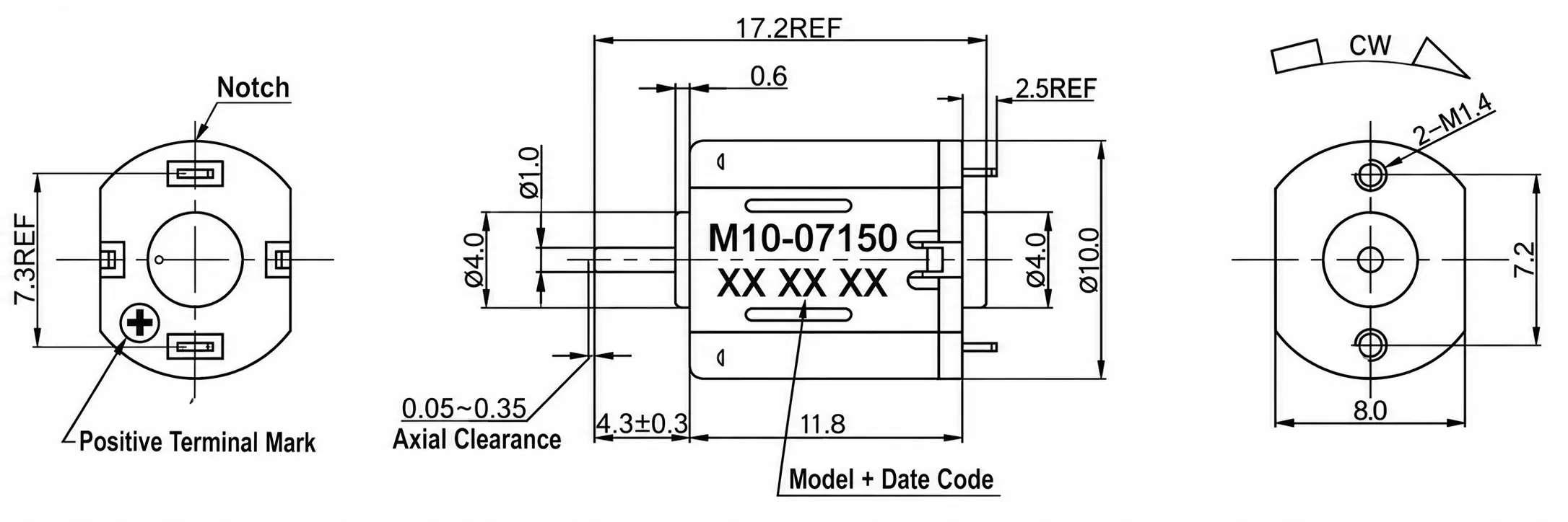 Official 2D engineering drawing blueprint providing mechanical tolerances and dimensions for the M10 DC motor